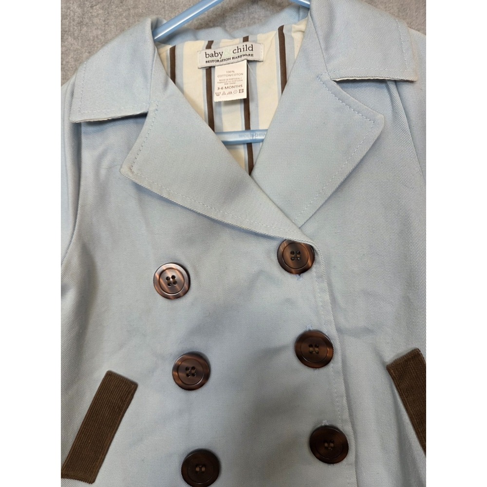 RESTORATION HARDWARE Baby Jacket 3-6 Months Blue Trench‎ Rain Coat Button Up - Picture 2 of 9